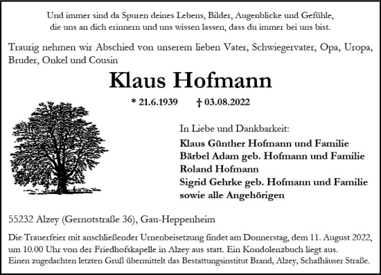 Traueranzeige von Klaus Hofmann von vrm-trauer Allgemeine Zeitung Alzey