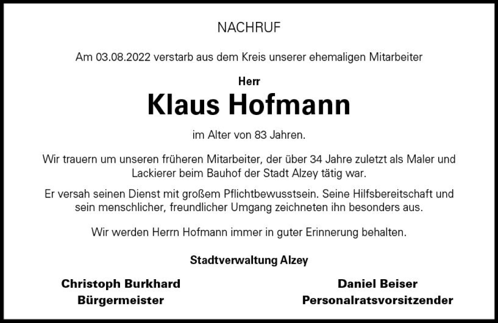  Traueranzeige für Klaus Hofmann vom 12.08.2022 aus vrm-trauer Allgemeine Zeitung Alzey