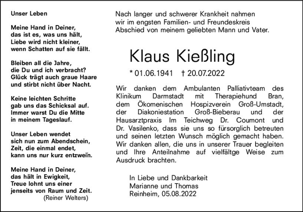  Traueranzeige für Klaus Kießling vom 06.08.2022 aus vrm-trauer Darmstädter Echo