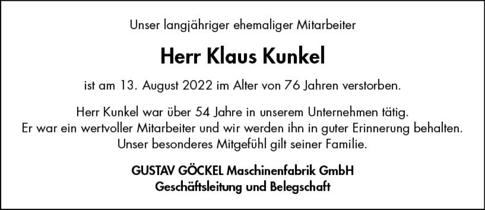  Traueranzeige für Klaus Kunkel vom 24.08.2022 aus vrm-trauer Darmstädter Echo