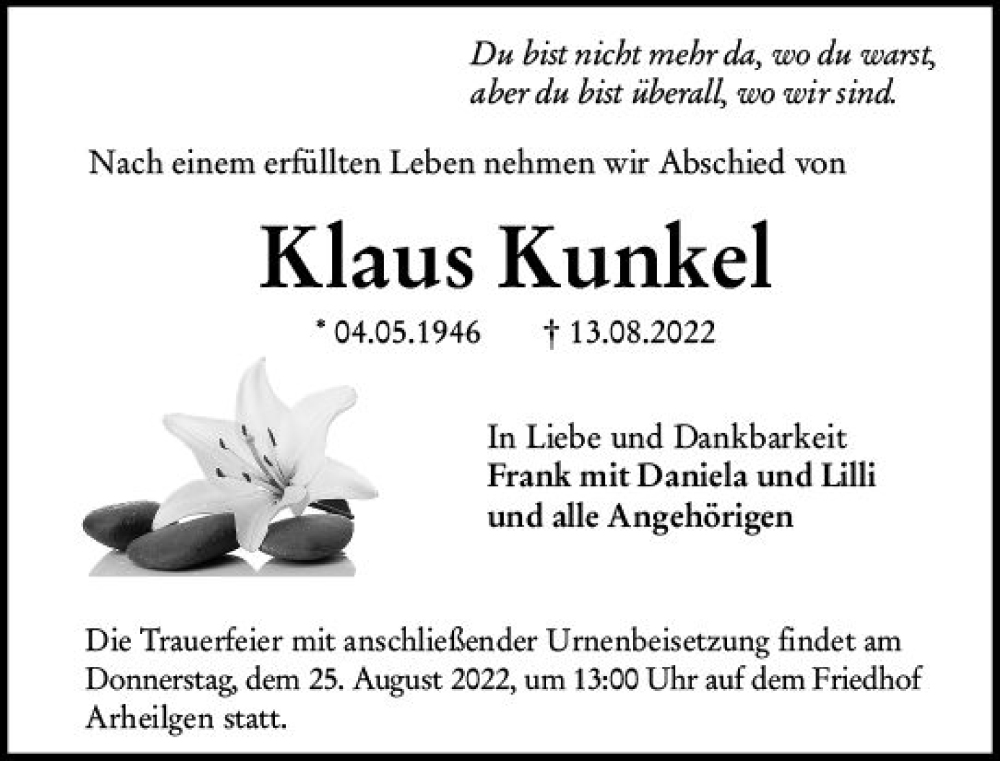  Traueranzeige für Klaus Kunkel vom 20.08.2022 aus vrm-trauer Darmstädter Echo