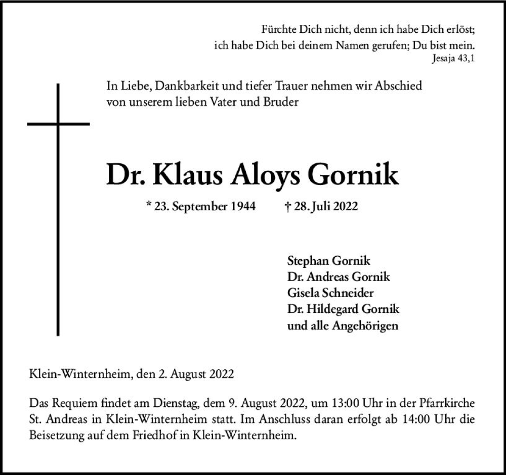  Traueranzeige für Klaus Aloys Gornik vom 06.08.2022 aus vrm-trauer AZ Mainz