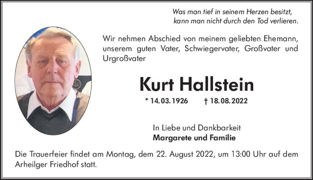  Traueranzeige für Kurt Hallstein vom 20.08.2022 aus vrm-trauer Darmstädter Echo