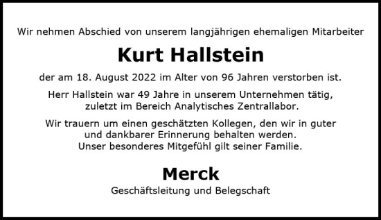 Traueranzeige von Kurt Hallstein von vrm-trauer Darmstädter Echo