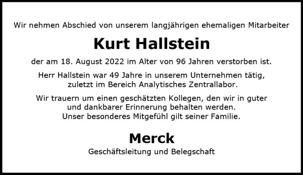  Traueranzeige für Kurt Hallstein vom 22.08.2022 aus vrm-trauer Darmstädter Echo