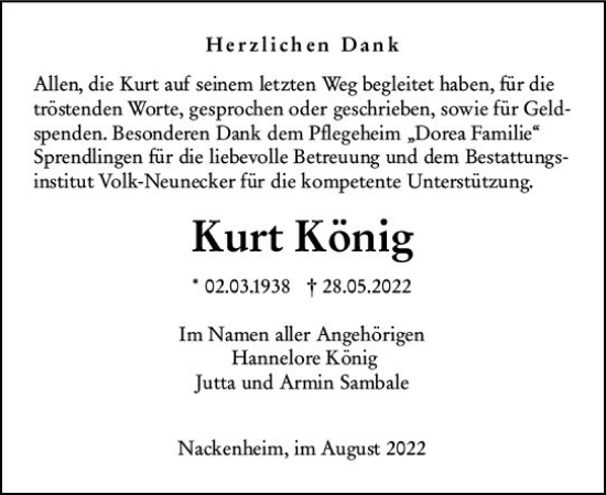 Traueranzeige von Kurt König von vrm-trauer AZ Mainz