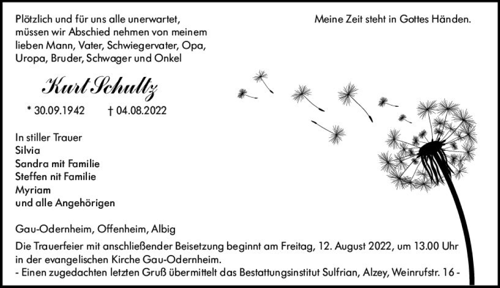  Traueranzeige für Kurt Schultz vom 10.08.2022 aus vrm-trauer Allgemeine Zeitung Alzey