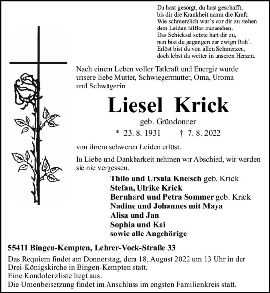 Traueranzeige von Liesel Krick von vrm-trauer Allgemeine  Zeitung Ingelheim-Bingen