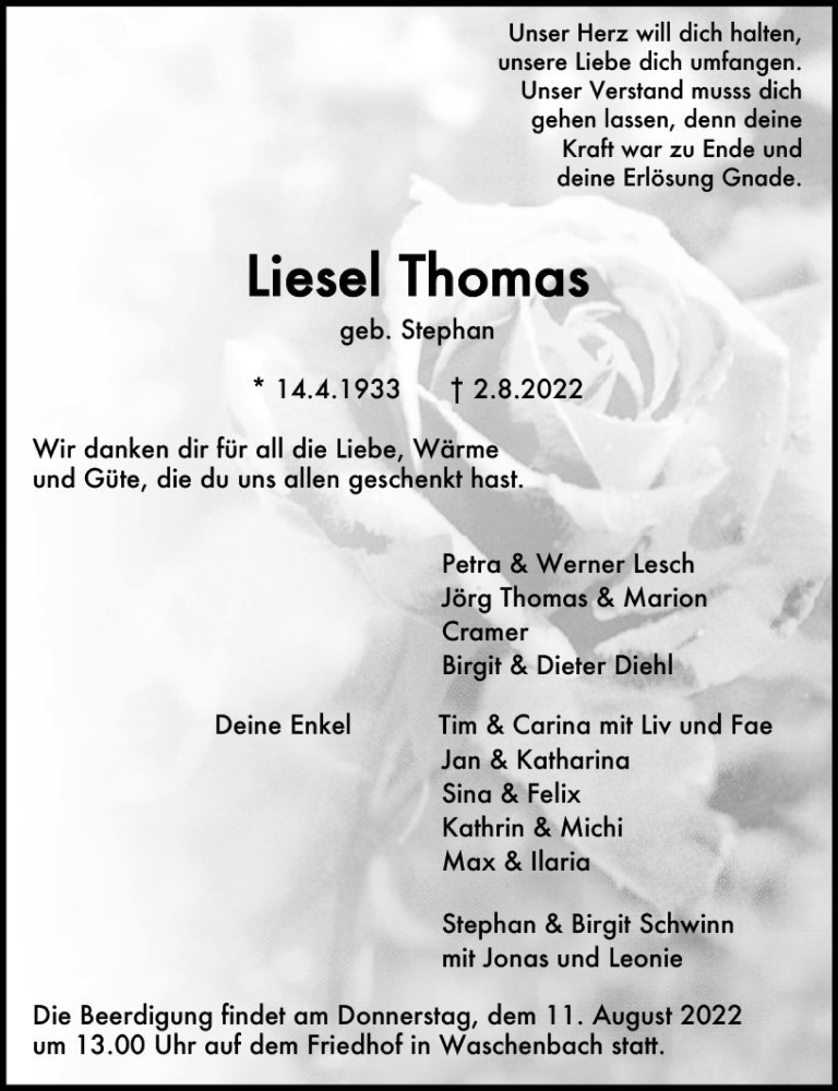  Traueranzeige für Liesel Thomas vom 06.08.2022 aus vrm-trauer Darmstädter Echo