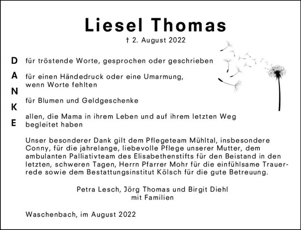  Traueranzeige für Liesel Thomas vom 27.08.2022 aus vrm-trauer Darmstädter Echo