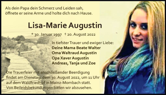 Traueranzeige von Lisa-Marie Augustin von vrm-trauer AZ Mainz