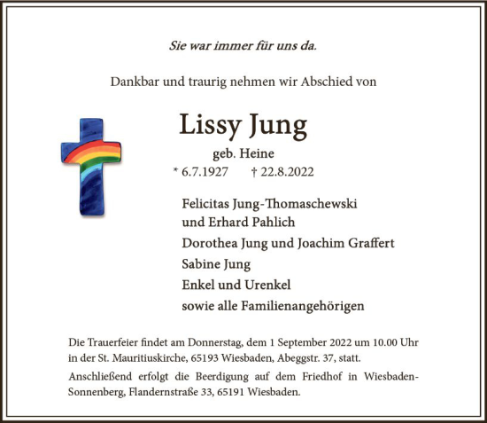 Traueranzeige von Lissy Jung von vrm-trauer Wiesbadener Kurier