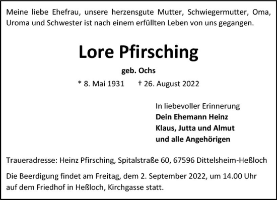 Traueranzeige von Lore Pfirsching von vrm-trauer Allgemeine Zeitung Alzey