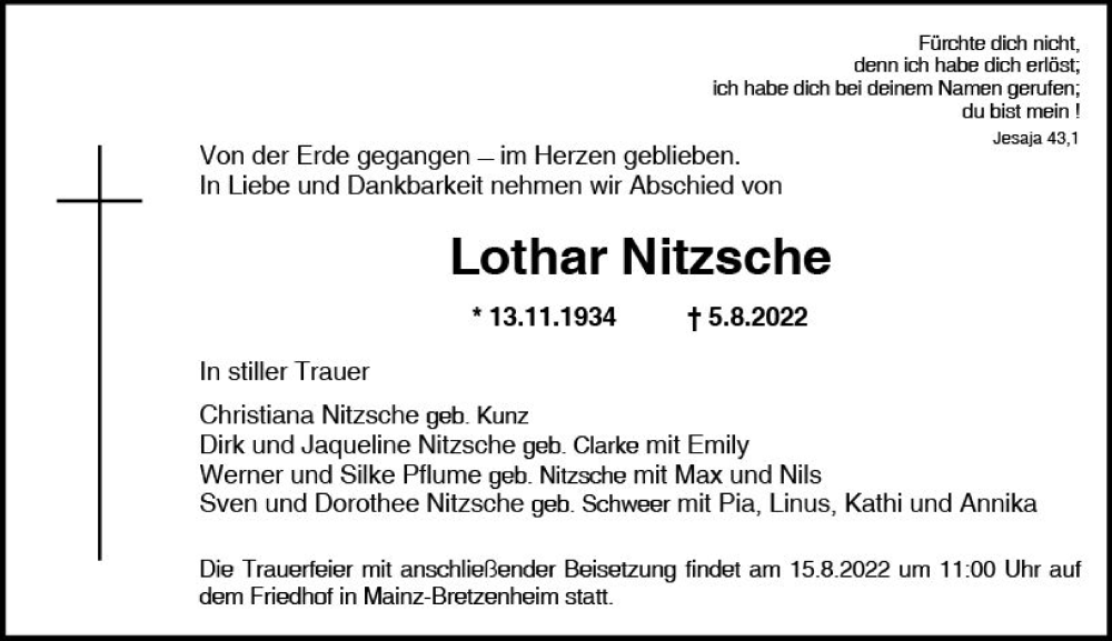  Traueranzeige für Lothar Nitzsche vom 10.08.2022 aus vrm-trauer AZ Mainz