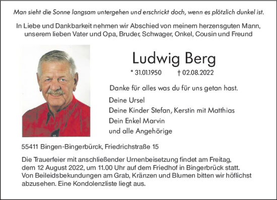 Traueranzeige von Ludwig Berg von vrm-trauer Allgemeine  Zeitung Ingelheim-Bingen