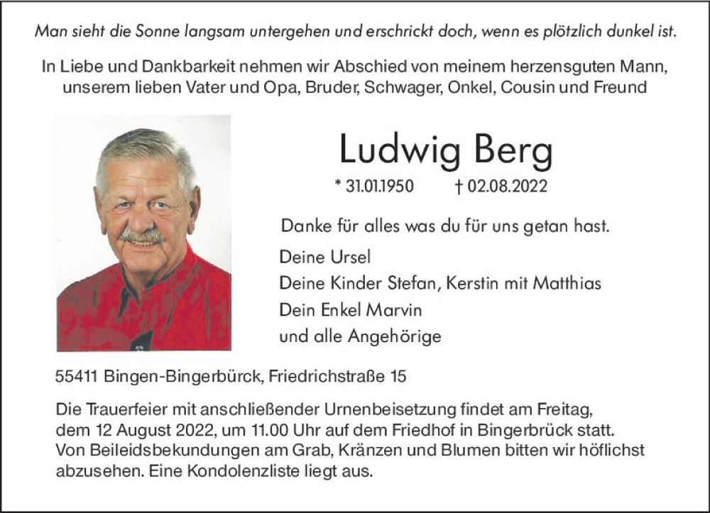  Traueranzeige für Ludwig Berg vom 06.08.2022 aus vrm-trauer Allgemeine  Zeitung Ingelheim-Bingen