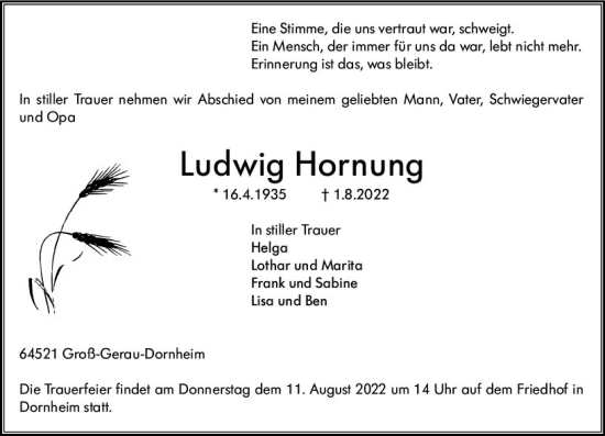Traueranzeige von Ludwig Hornung von vrm-trauer Groß-Gerauer Echo