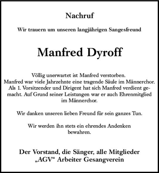 Traueranzeige von Manfred Dyroff von vrm-trauer DieburgerAnzeiger/Groß-Zimmerner Lokala