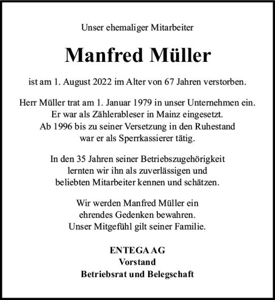  Traueranzeige für Manfred Müller vom 13.08.2022 aus vrm-trauer Odenwälder Echo