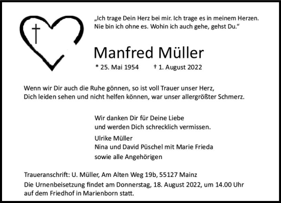 Traueranzeige von Manfred Müller von vrm-trauer AZ Mainz