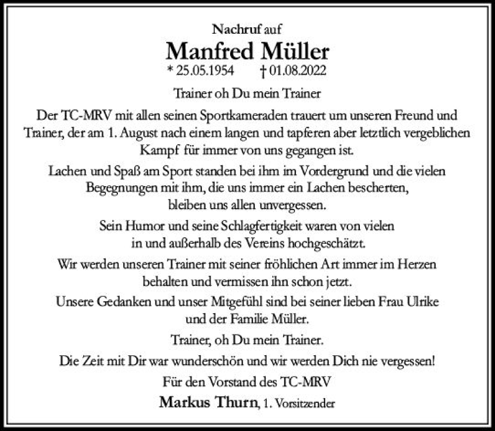  Traueranzeige für Manfred Müller vom 13.08.2022 aus vrm-trauer AZ Mainz
