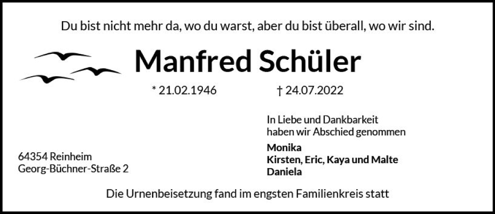  Traueranzeige für Manfred Schüler vom 13.08.2022 aus vrm-trauer Darmstädter Echo