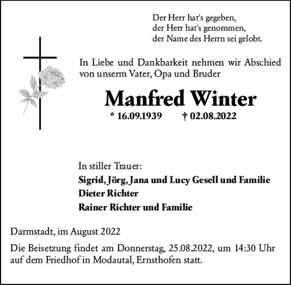  Traueranzeige für Manfred Winter vom 20.08.2022 aus vrm-trauer Darmstädter Echo