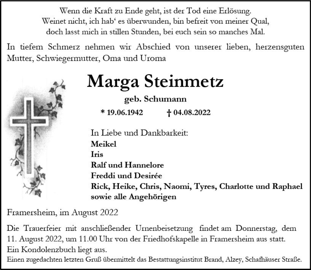  Traueranzeige für Marga Steinmetz vom 09.08.2022 aus vrm-trauer Allgemeine Zeitung Alzey