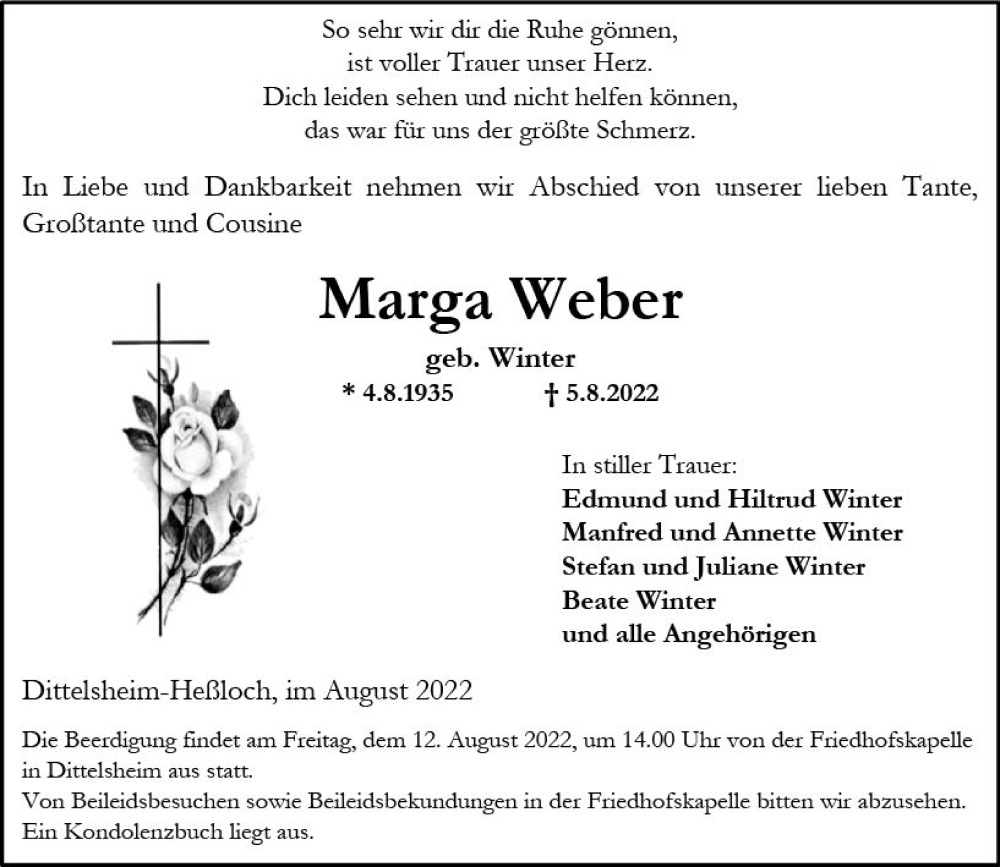  Traueranzeige für Marga Weber vom 09.08.2022 aus vrm-trauer Wormser Zeitung