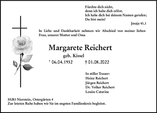 Traueranzeige von Margarete Reichert von vrm-trauer AZ Mainz