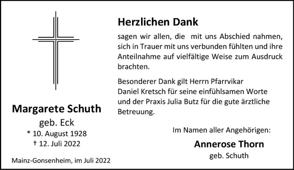  Traueranzeige für Margarete Schuth vom 06.08.2022 aus vrm-trauer AZ Mainz