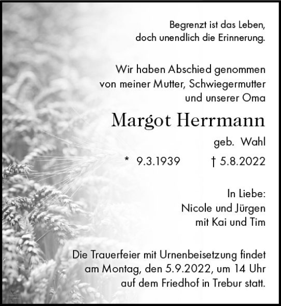 Traueranzeige von Margot Herrmann von vrm-trauer Groß-Gerauer Echo