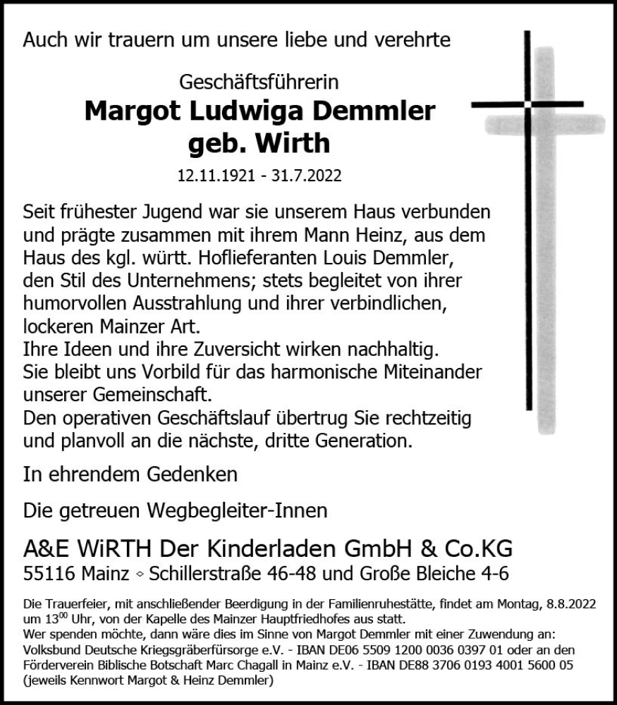  Traueranzeige für Margot Ludwiga Demmler vom 06.08.2022 aus vrm-trauer Rüsselsheimer Echo / MainSpitze