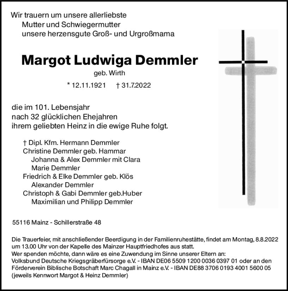  Traueranzeige für Margot Ludwiga Demmler vom 03.08.2022 aus vrm-trauer AZ Mainz