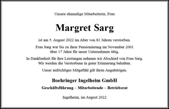 Traueranzeige von Margret Sarg von vrm-trauer Allgemeine  Zeitung Ingelheim-Bingen