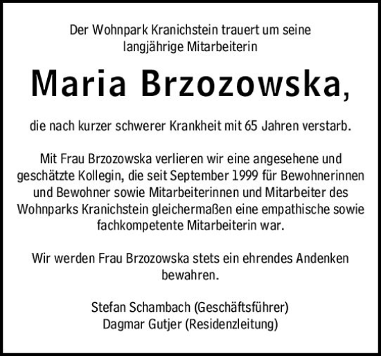 Traueranzeige von Maria Brzozowska von vrm-trauer Darmstädter Echo