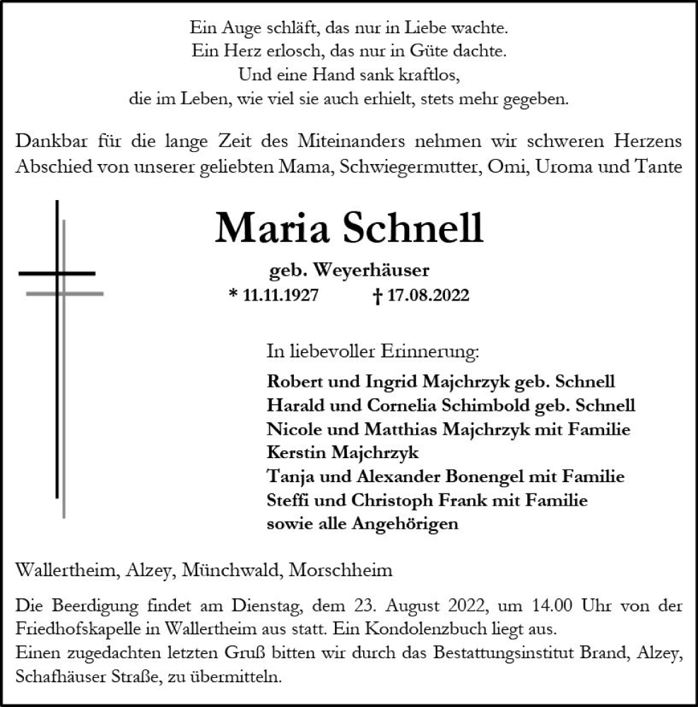  Traueranzeige für Maria Schnell vom 20.08.2022 aus vrm-trauer Allgemeine Zeitung Alzey