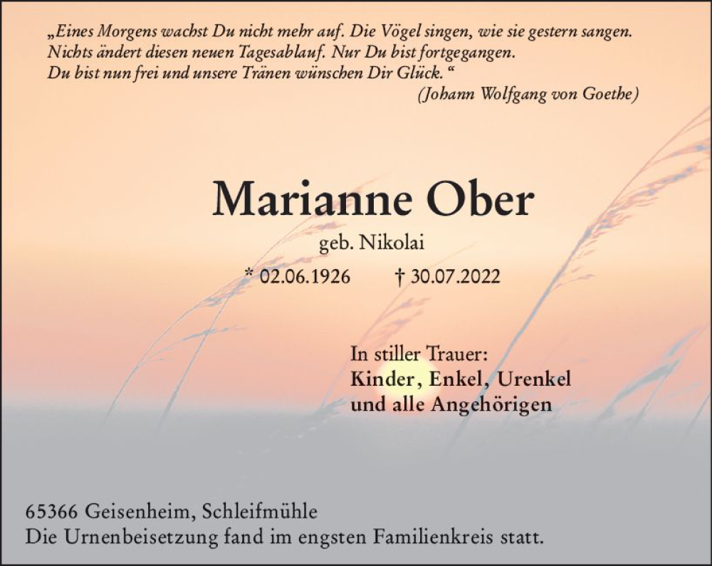  Traueranzeige für Marianne Ober vom 25.08.2022 aus vrm-trauer Rheingau