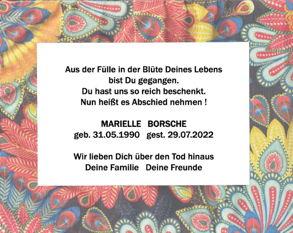  Traueranzeige für Marielle Borsche vom 06.08.2022 aus vrm-trauer Allg. Zeitung Bad Kreuznach