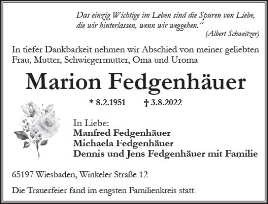 Traueranzeige von Marion Fedgenhäuer von vrm-trauer Wiesbadener Kurier