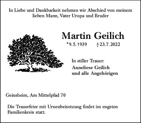 Traueranzeige von Martin Geilich von vrm-trauer Rüsselsheimer Echo / MainSpitze