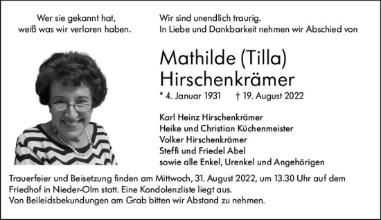 Traueranzeige von Mathilde Hirschenkrämer von vrm-trauer AZ Mainz
