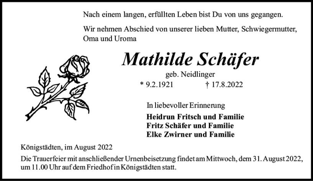  Traueranzeige für Mathilde Schäfer vom 27.08.2022 aus vrm-trauer Rüsselsheimer Echo / MainSpitze