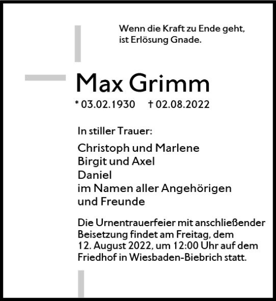Traueranzeige von Max Grimm von vrm-trauer Wiesbadener Kurier