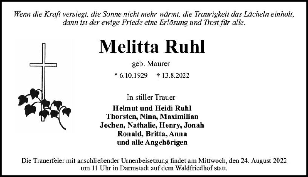  Traueranzeige für Melitta Ruhl vom 20.08.2022 aus vrm-trauer Darmstädter Echo