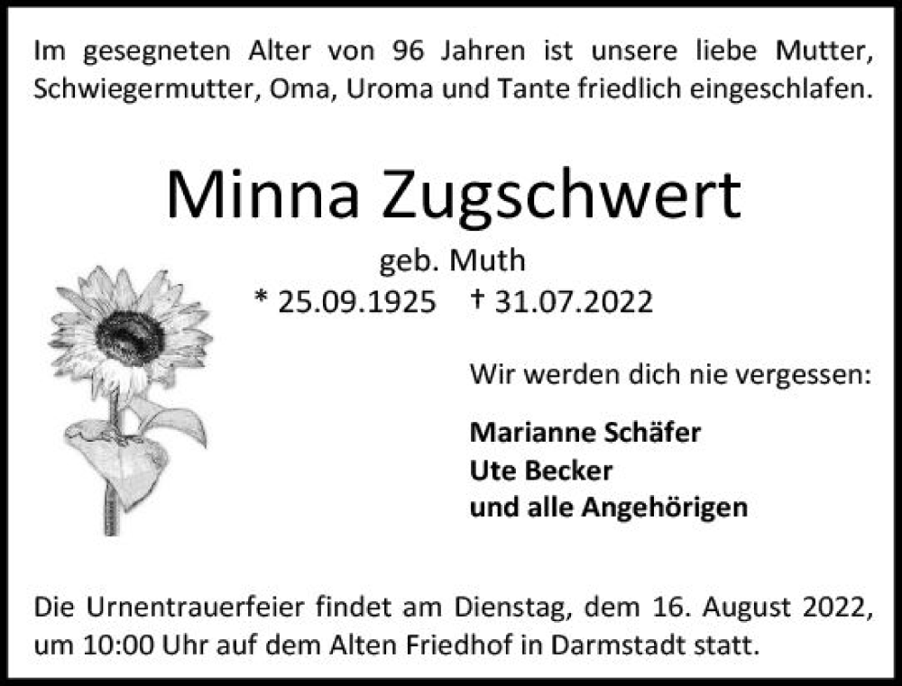  Traueranzeige für Minna Zugschwert vom 06.08.2022 aus vrm-trauer Darmstädter Echo