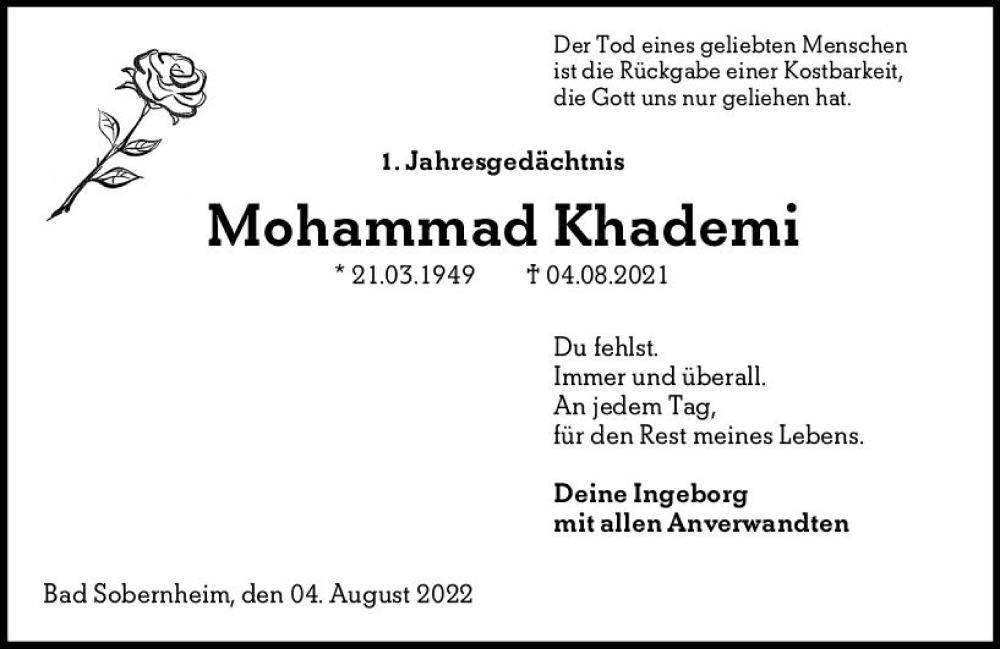  Traueranzeige für Mohammad Khademi vom 04.08.2022 aus vrm-trauer Allg. Zeitung Bad Kreuznach