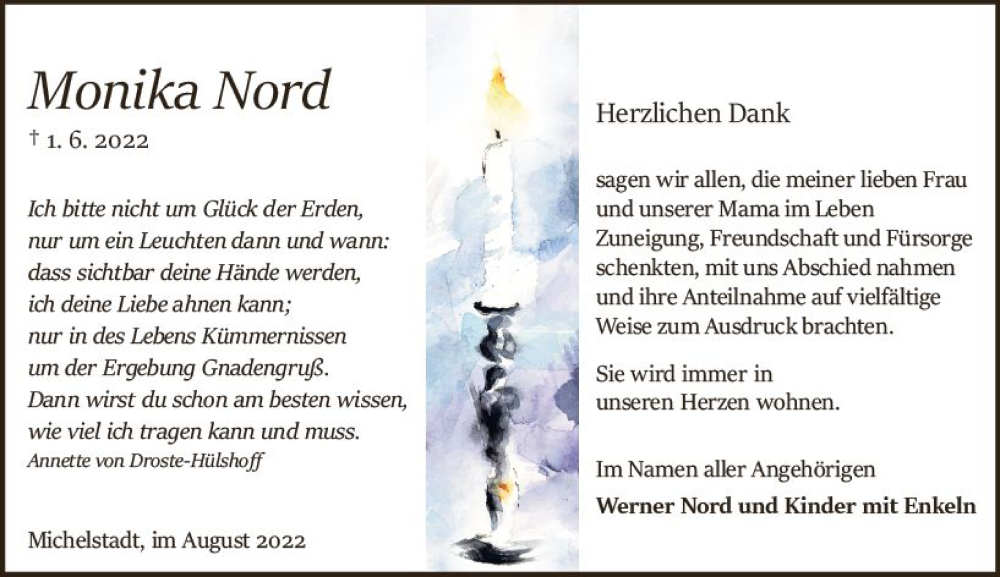  Traueranzeige für Monika Nord vom 13.08.2022 aus vrm-trauer Odenwälder Echo