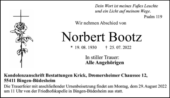 Traueranzeige von Norbert Bootz von vrm-trauer Allgemeine  Zeitung Ingelheim-Bingen