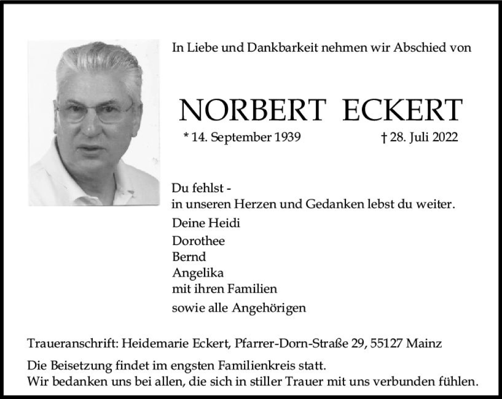  Traueranzeige für Norbert Eckert vom 06.08.2022 aus vrm-trauer AZ Mainz